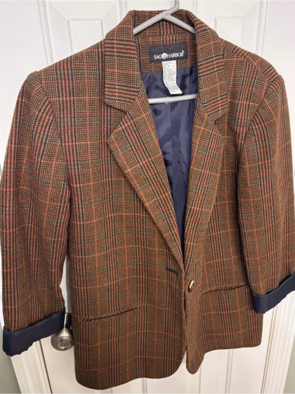 Sag Harbor Brown Plaid Sport Coat with Subtle Orange & Navy Accents